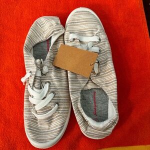FUNKYMONKEY Scrunch-back, khaki-stripped, Low Top Canvas Slip On Sneakers, 9